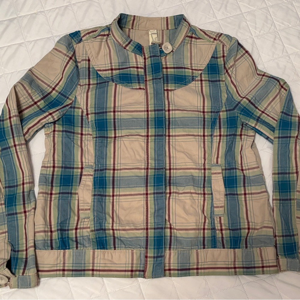 Fossil Blue and Tan Bomber Jacket Casual Style plaid Size Large. READ